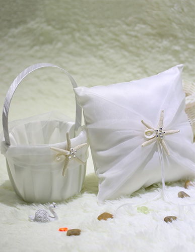 Romantic Soft Satin Sea Star and Sea Shells Wedding Ring Pillow + Wedding Satin Sea Star and Sea Shells Flower Basket