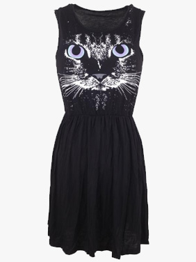 Cat Print Black Dress