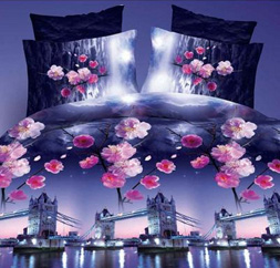 4pcs 3D Printed Bedding Set Bedclothes Tower Bridge and Plum Blooming Queen Size Duvet Cover+Bed Sheet+2 Pillowcases Home Textiles