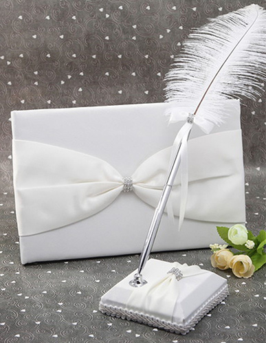 Gorgeous Wedding Guest Book and Pen Set Elegant Satin Bowknot Shining Rhinestone Embedded Soft Feather Decorate Pen Romantic Wedding Supplies