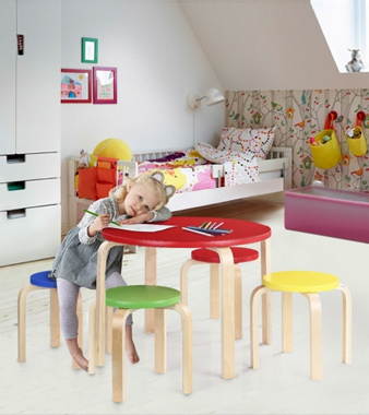 iKayaa Solid Wood Kids Table and 4 Chairs Set