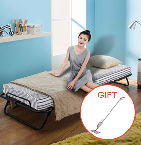 iKayaa Metal+Wood Rollaway Single Folding Guest Bed Cot with Mattress &amp; Cover